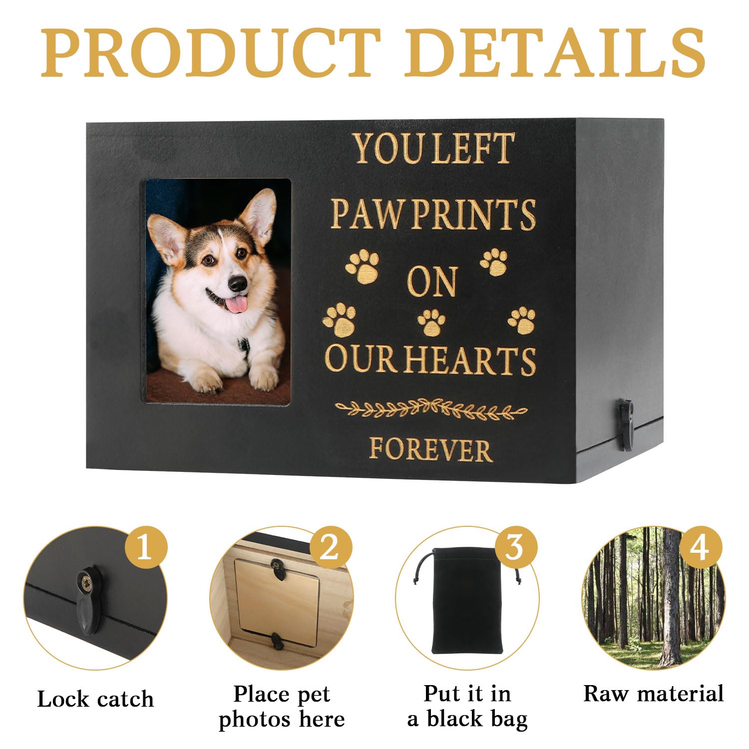 MROUEN pet urn wooden frame with black velvet bag lining protects ashes