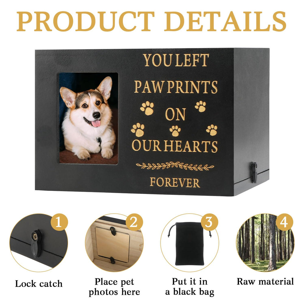 MROUEN pet urn wooden frame with black velvet bag lining protects ashes