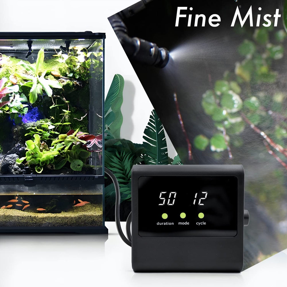 MRREPTILE Reptile Mister MS100 terrarium setup demonstrates easy route tubing for steady humidity.