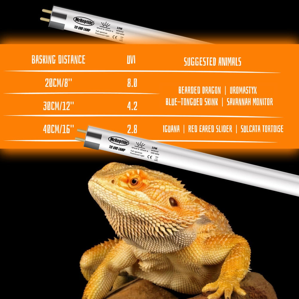 MRREPTILE T8 UVB bulb in a desert enclosure setup highlighting a sun-like spectrum.
