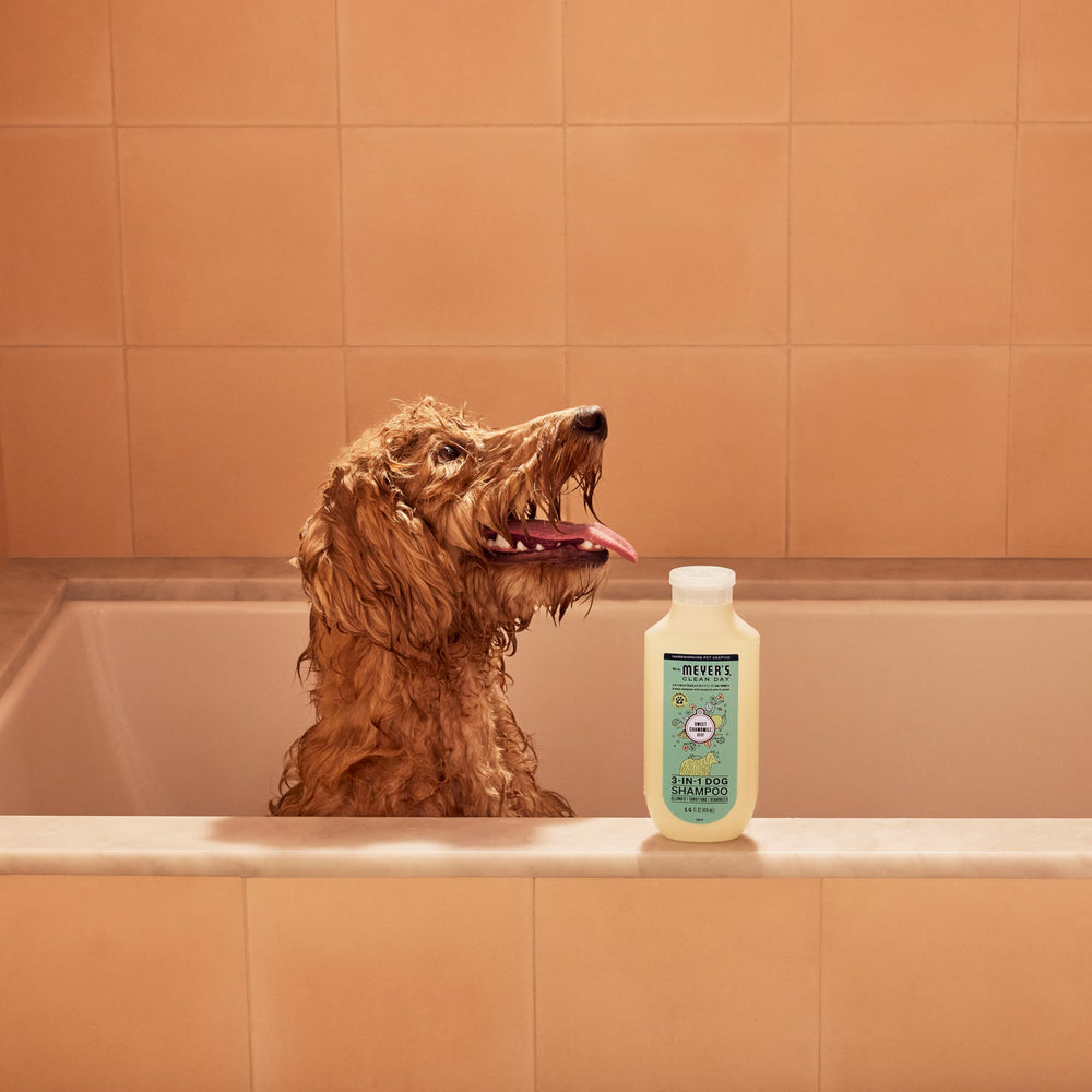 Mrs. Meyer's Clean Day dog shampoo cruelty-free Leaping Bunny certification close-up.