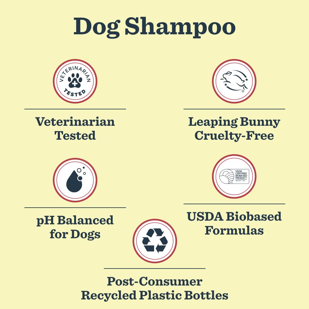 Mrs. Meyer's Clean Day dog shampoo eco-friendly packaging and recyclable bottles.