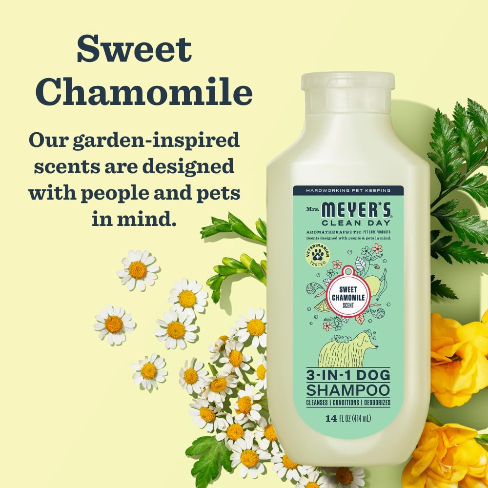 Mrs. Meyer's Clean Day dog shampoo foam emphasizing soft coat shine.