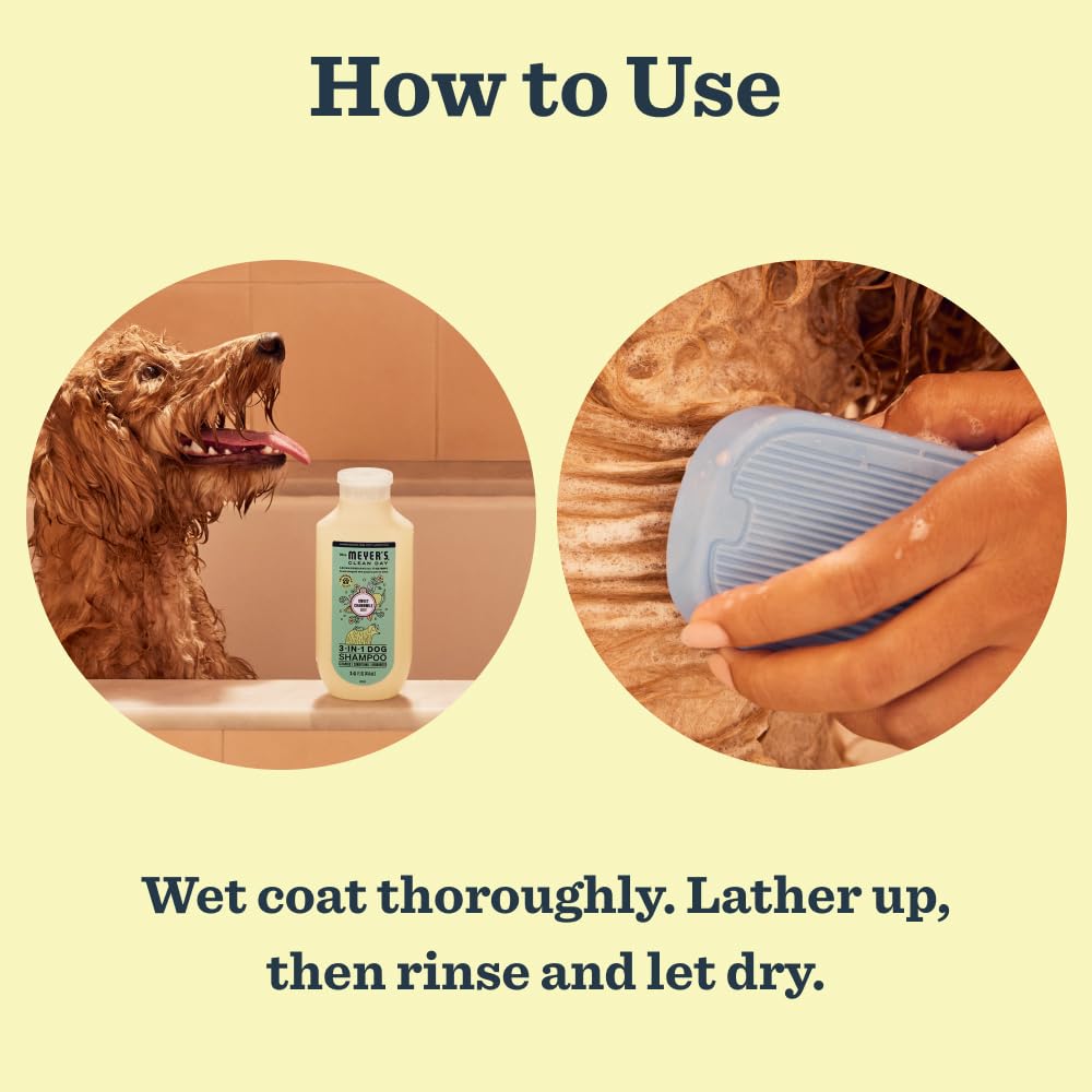 Mrs. Meyer's Clean Day dog shampoo veterinarian-tested label close-up.