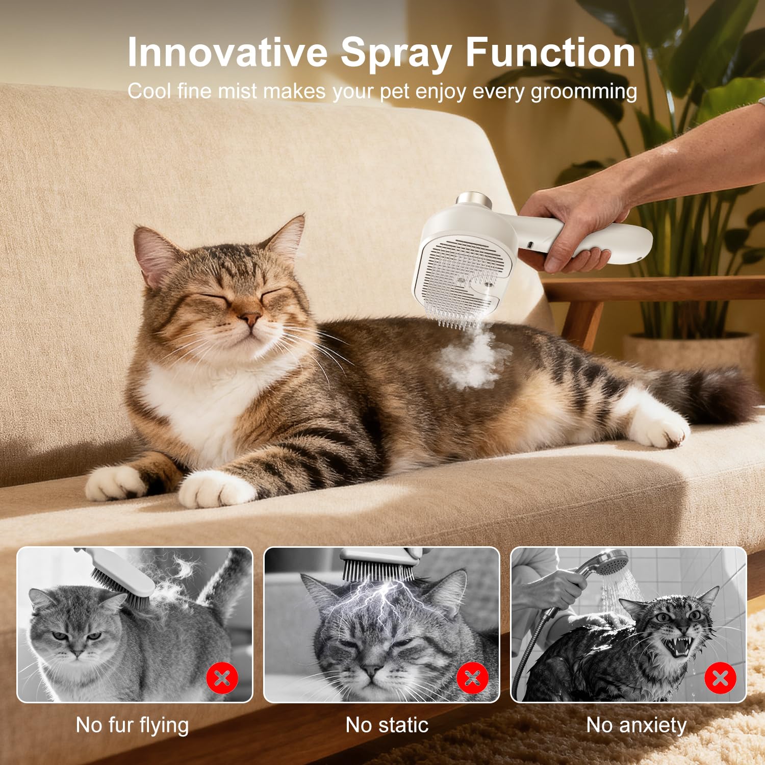 MRSDAYU pet steam brush spray function showcasing cool mist for calm grooming