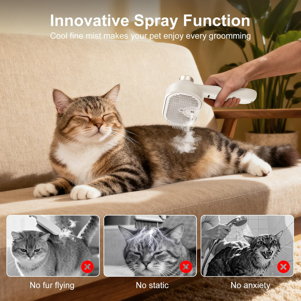 MRSDAYU pet steam brush spray function showcasing cool mist for calm grooming