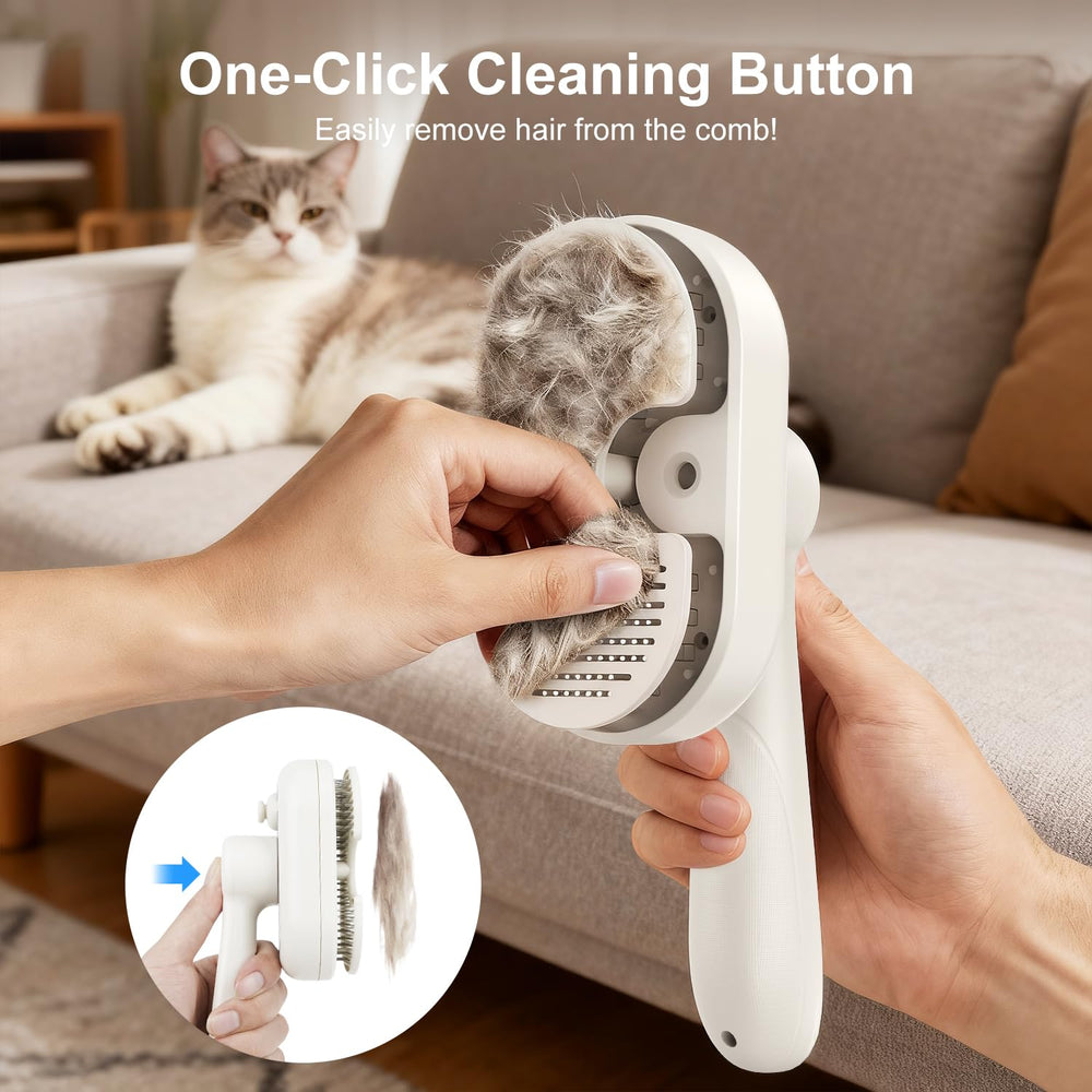 MRSDAYU self-cleaning button demonstrated for quick fur removal after brushing