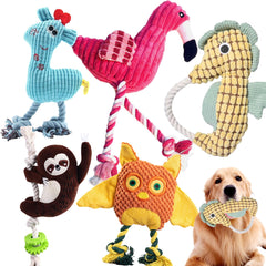 MRSOHRET 5-pack plush dog toys with rope and squeaker for engaging playtime.