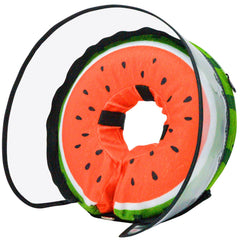 MRSOHRET watermelon dog recovery collar worn for post-surgery protection.