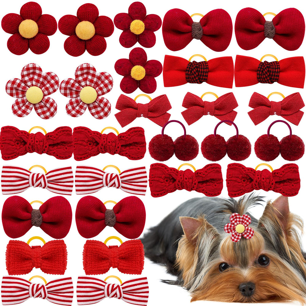 Mruq pet 20pc red small dog hair bows closeup with rubber bands for secure daily styling