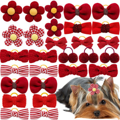 Mruq pet 20pc red small dog hair bows closeup with rubber bands for secure daily styling