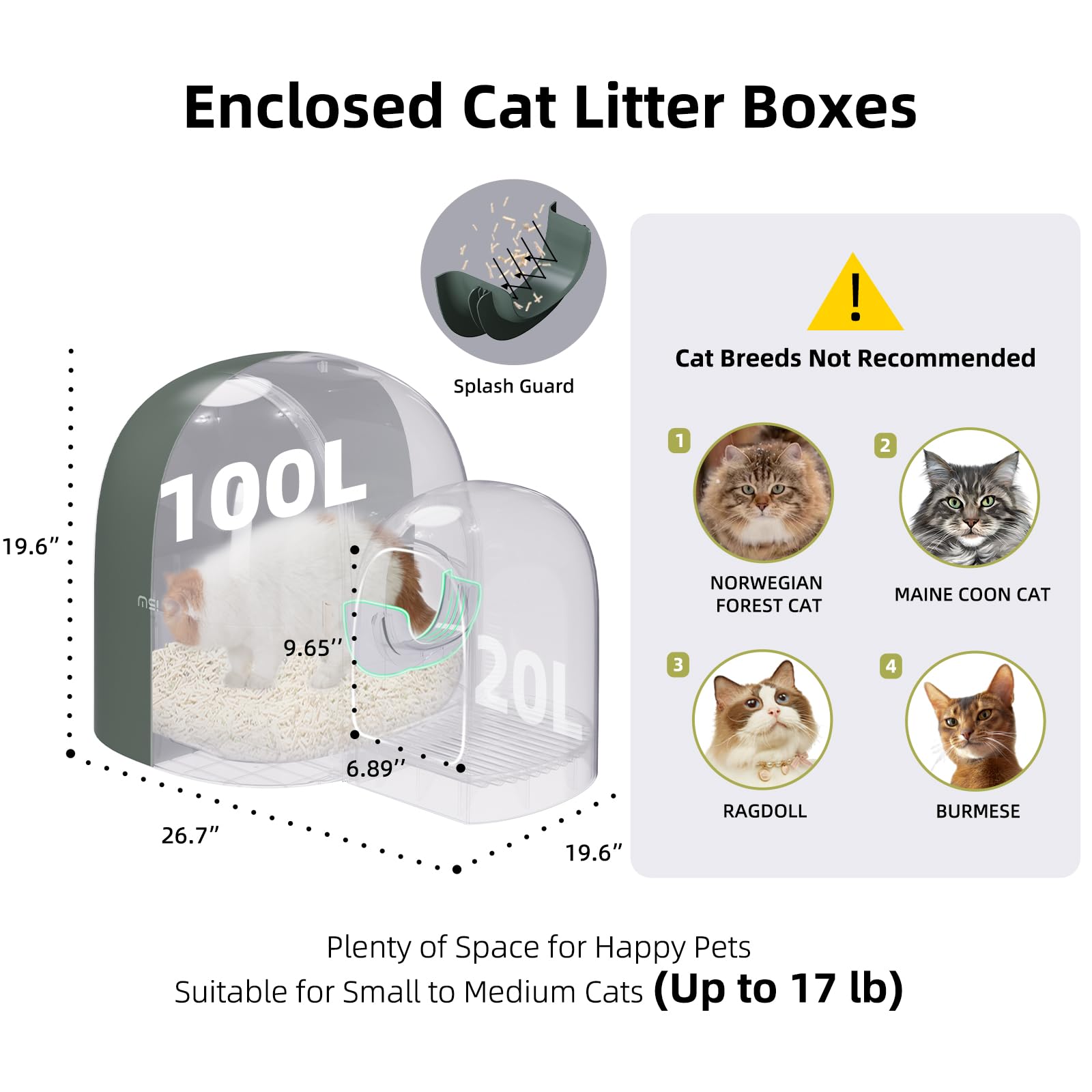 MS!MAKE SURE cat litter box side view, moss green dog-proof enclosure