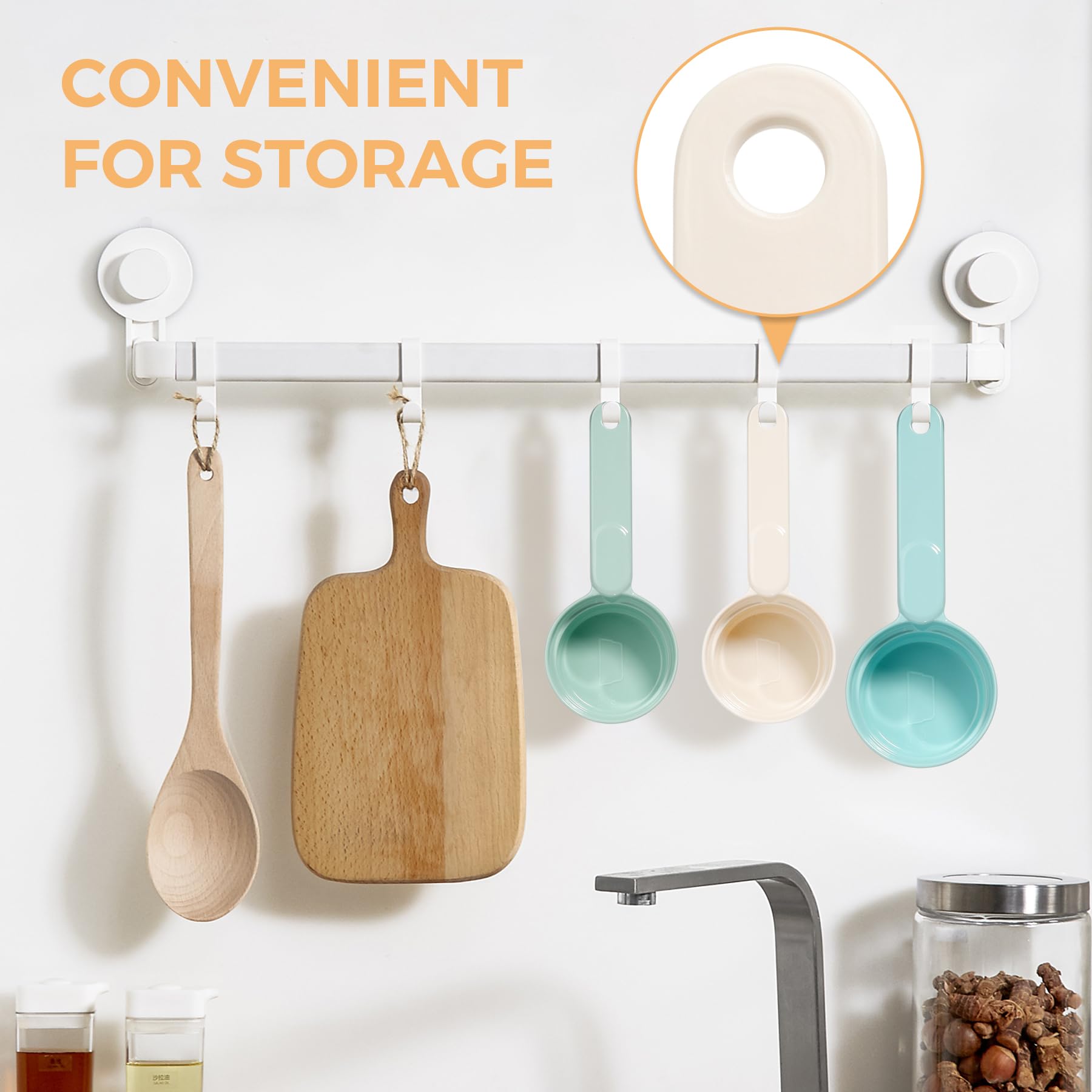 MSBC dog food scoop in white with hanging hole for organized storage.