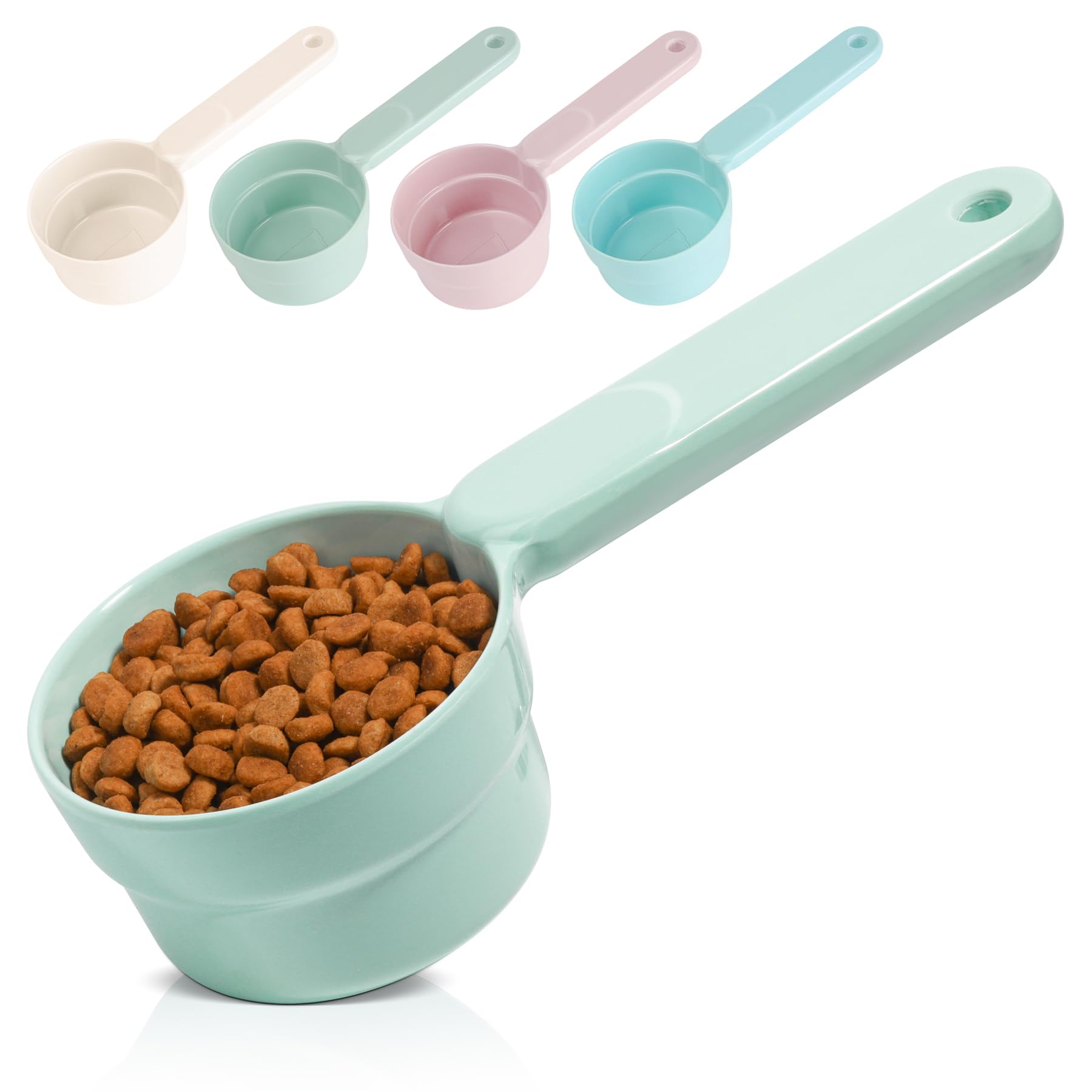 MSBC melamine dog food scoop handle closeup shows comfortable grip for quick portions.