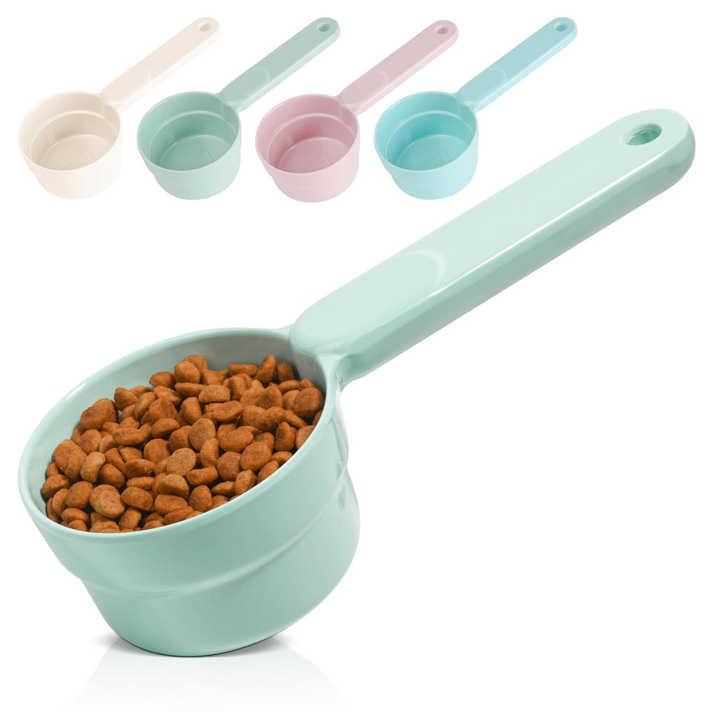 MSBC melamine dog food scoop handle closeup shows comfortable grip for quick portions.