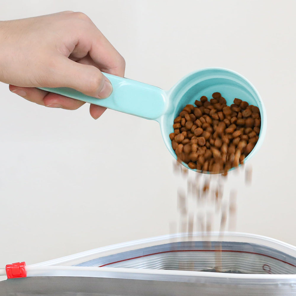MSBC ergonomic blue pet food scoop for everyday feeding.