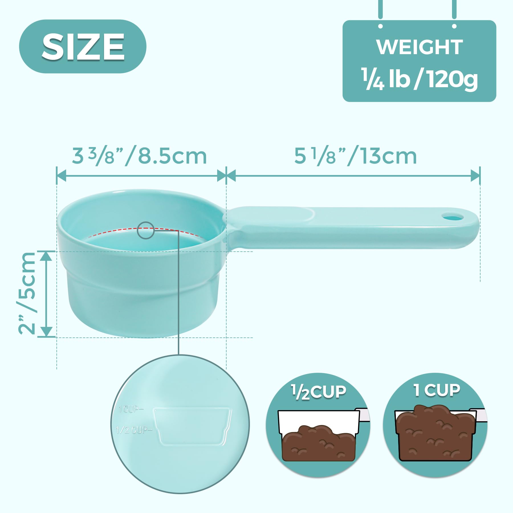 MSBC melamine pet food scoop with long ergonomic handle for easy scooping.