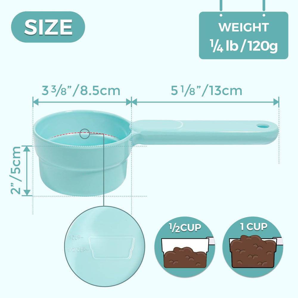MSBC melamine pet food scoop with long ergonomic handle for easy scooping.