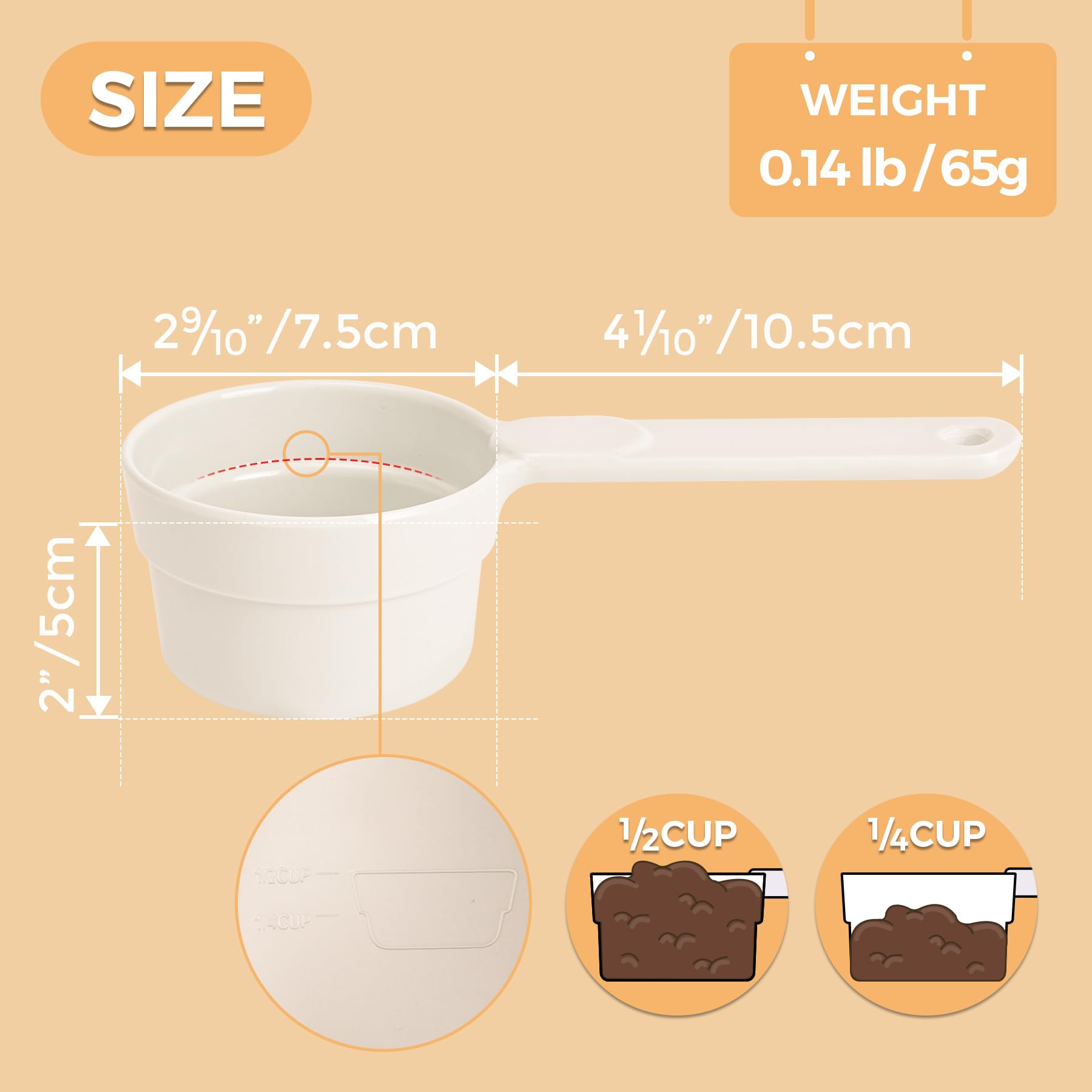 MSBC melamine pet food scoop showing 1/2 cup capacity markings.