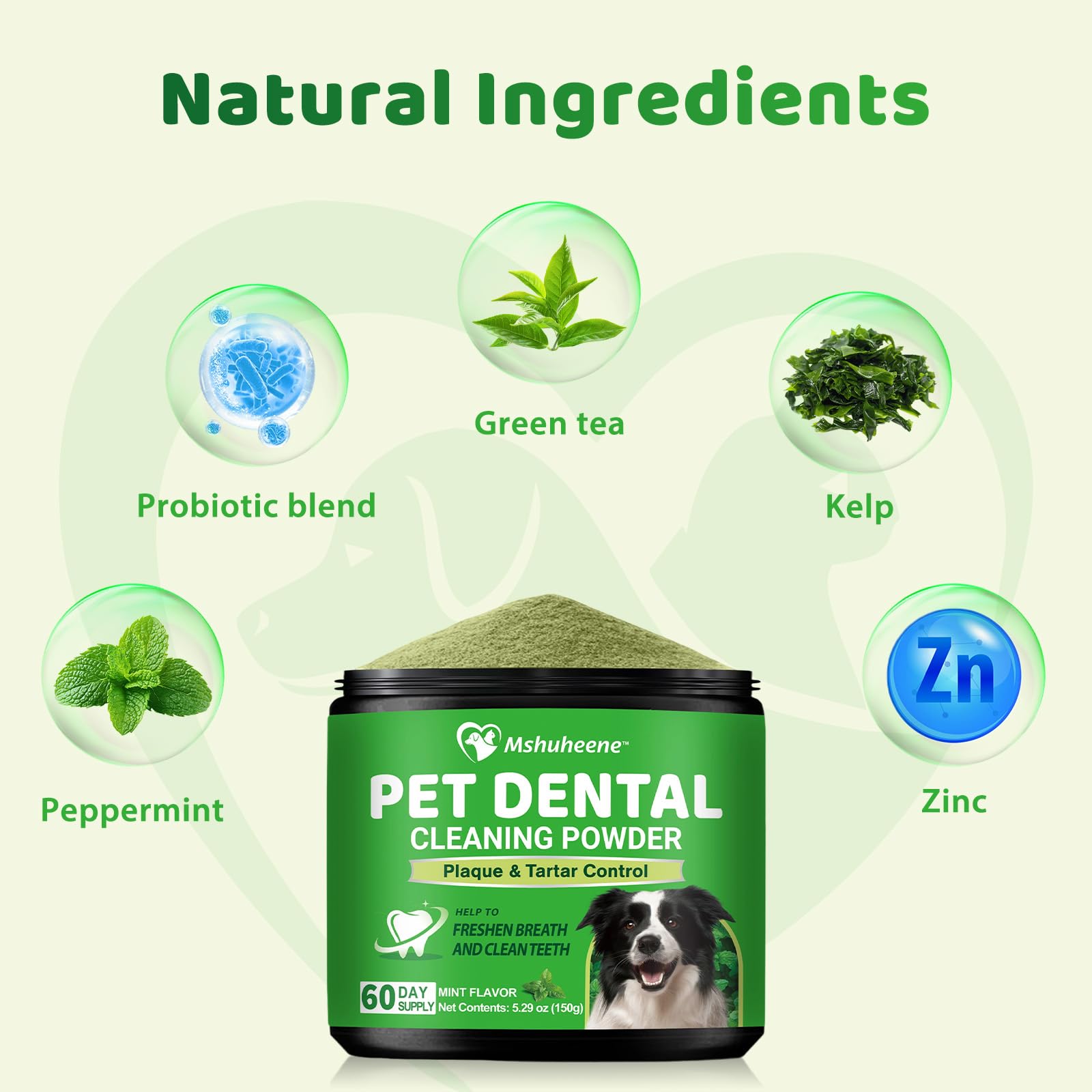 Mshuheene dog dental powder mixed into food for effortless daily care.