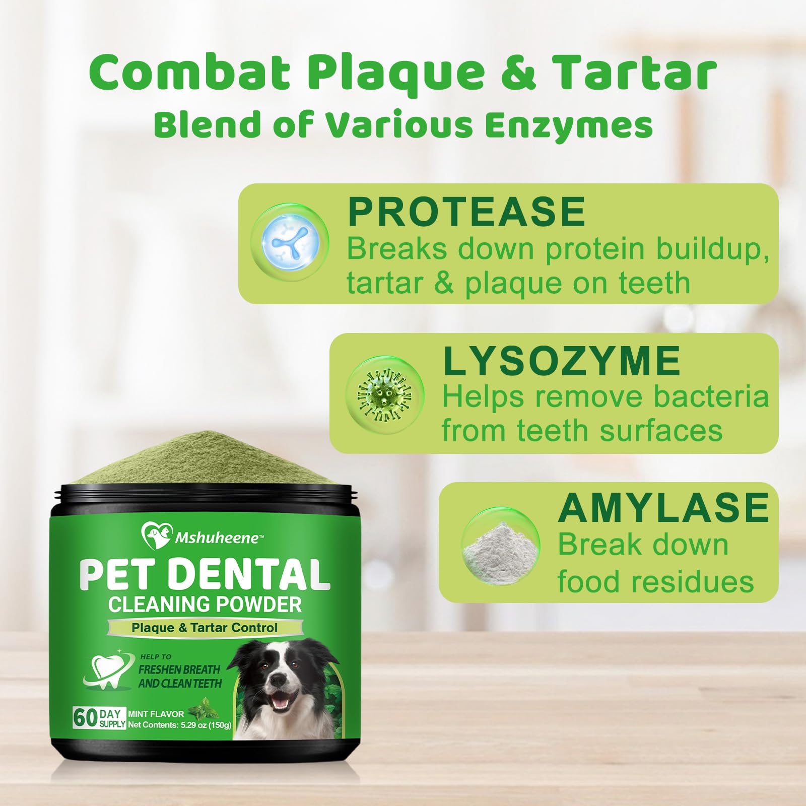 Mshuheene dog dental powder packaging highlighting natural probiotic blend for oral care.