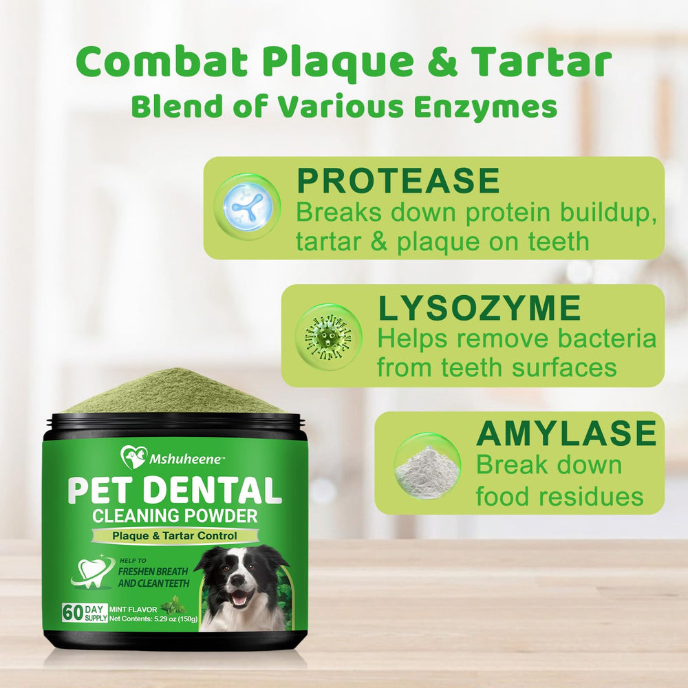 Mshuheene dog dental powder packaging highlighting natural probiotic blend for oral care.