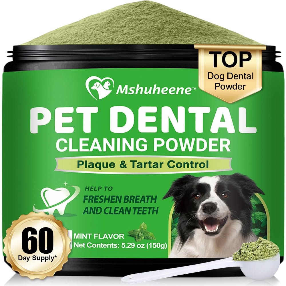 Mshuheene dog dental powder tin close-up showing premium packaging for fresher breath.