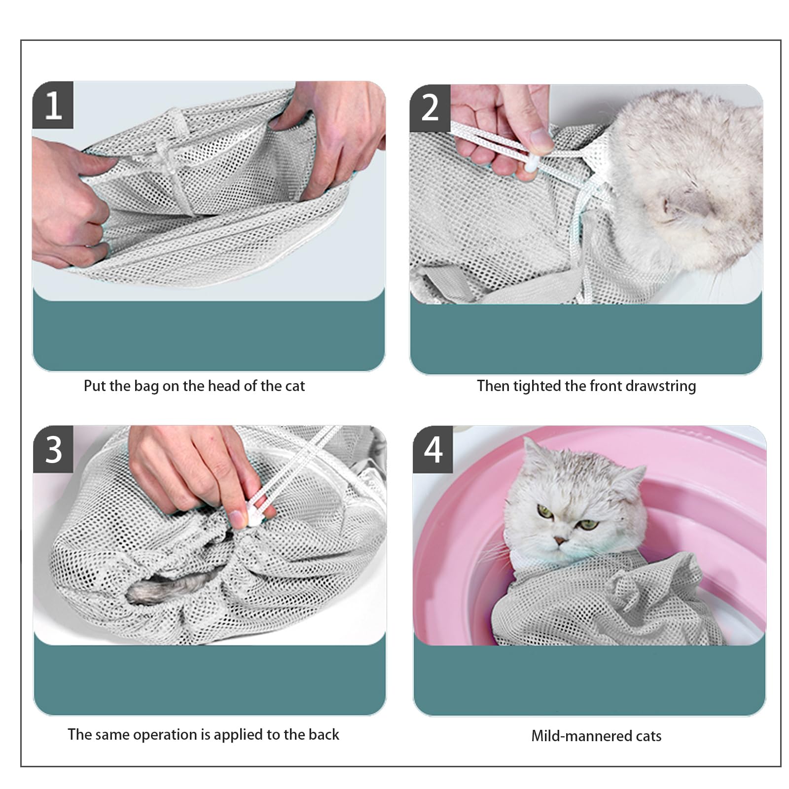 MSMUOEZ anti-bite shower net side view demonstrating safe grooming during playtime.
