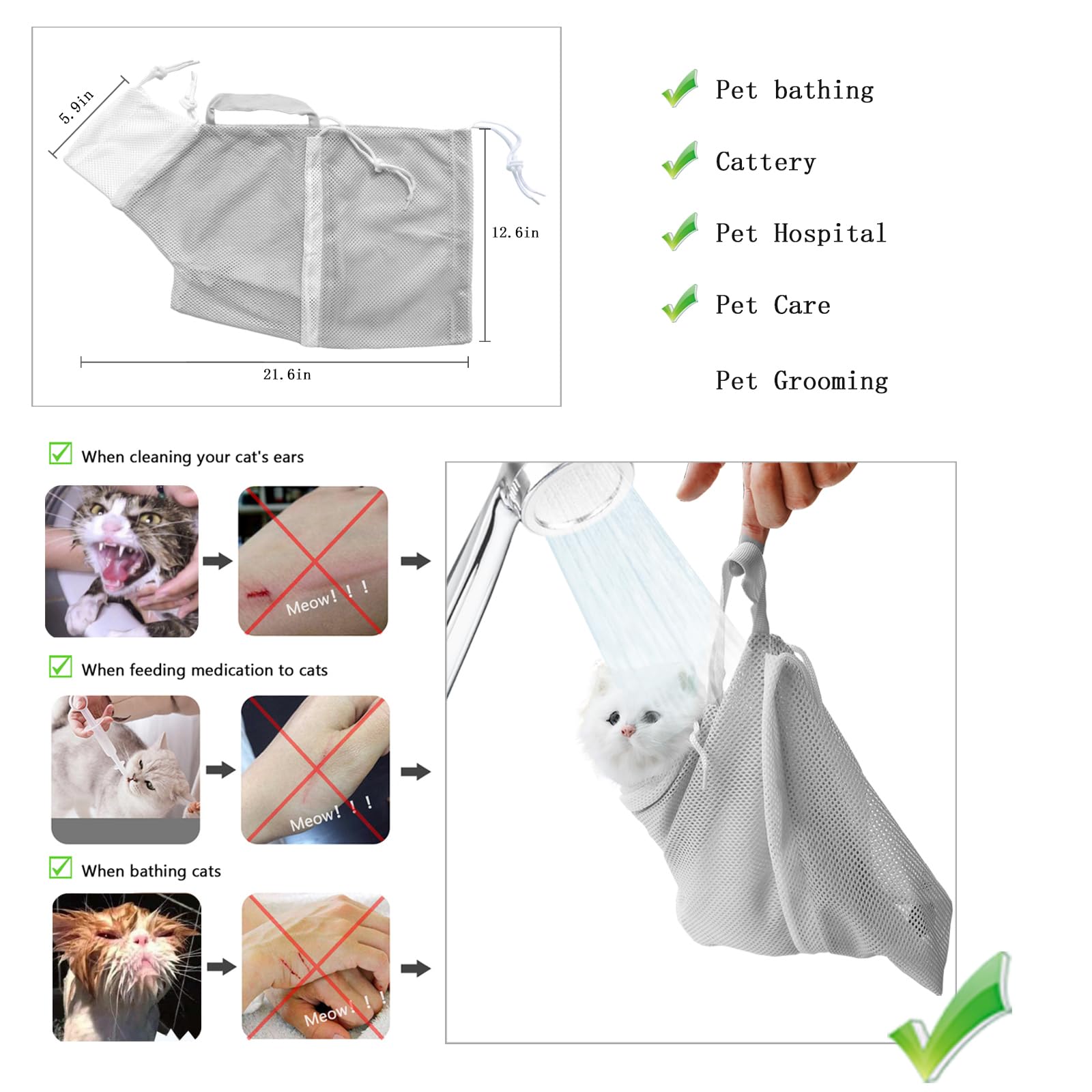 MSMUOEZ cat grooming mesh bag open reveals dual-purpose design for hair cleaning and nail care.