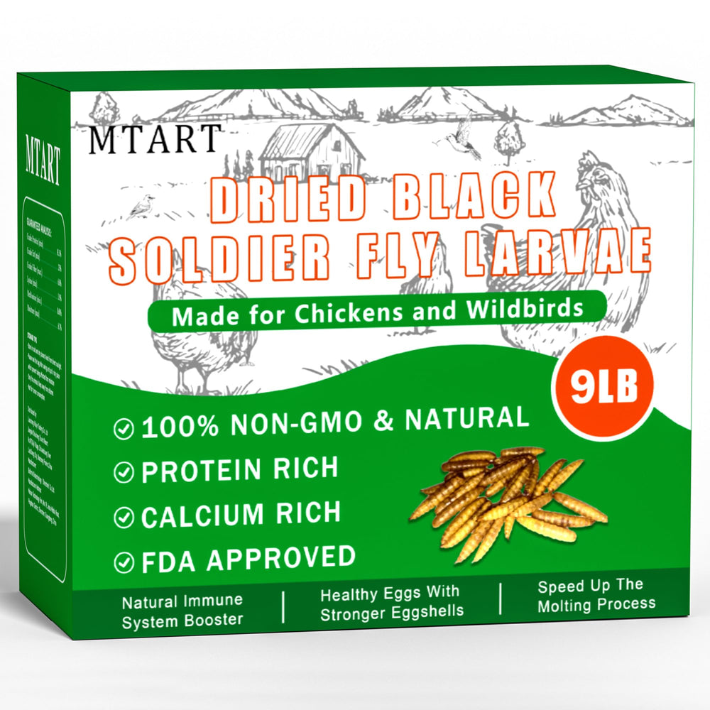 MTART 9lb dried black soldier fly larvae bag boosts protein for poultry nutrition.