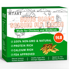 MTART 9lb dried black soldier fly larvae bag boosts protein for poultry nutrition.