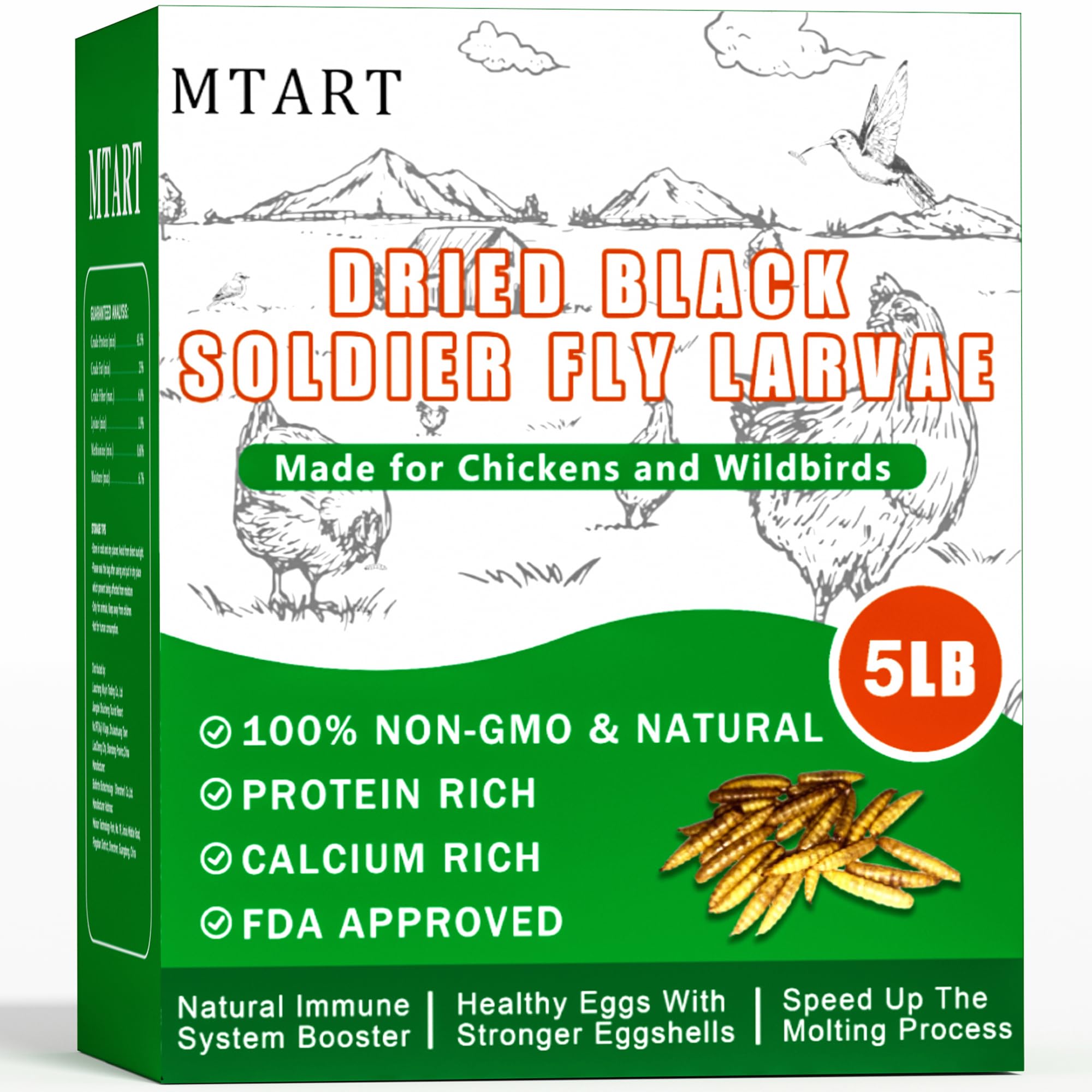 MTART dried black soldier fly larvae bag shows protein-rich chicken treat.