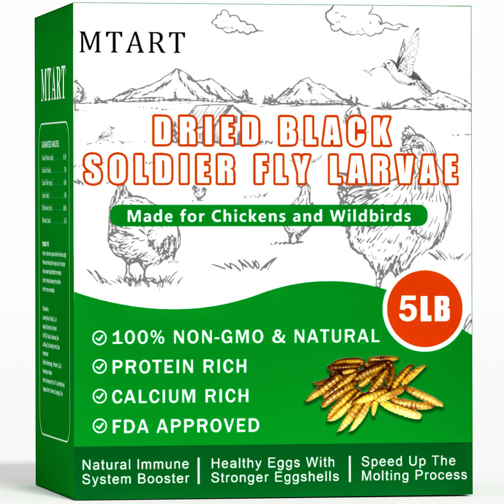 MTART dried black soldier fly larvae bag shows protein-rich chicken treat.