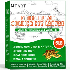 MTART dried black soldier fly larvae bag shows protein-rich chicken treat.