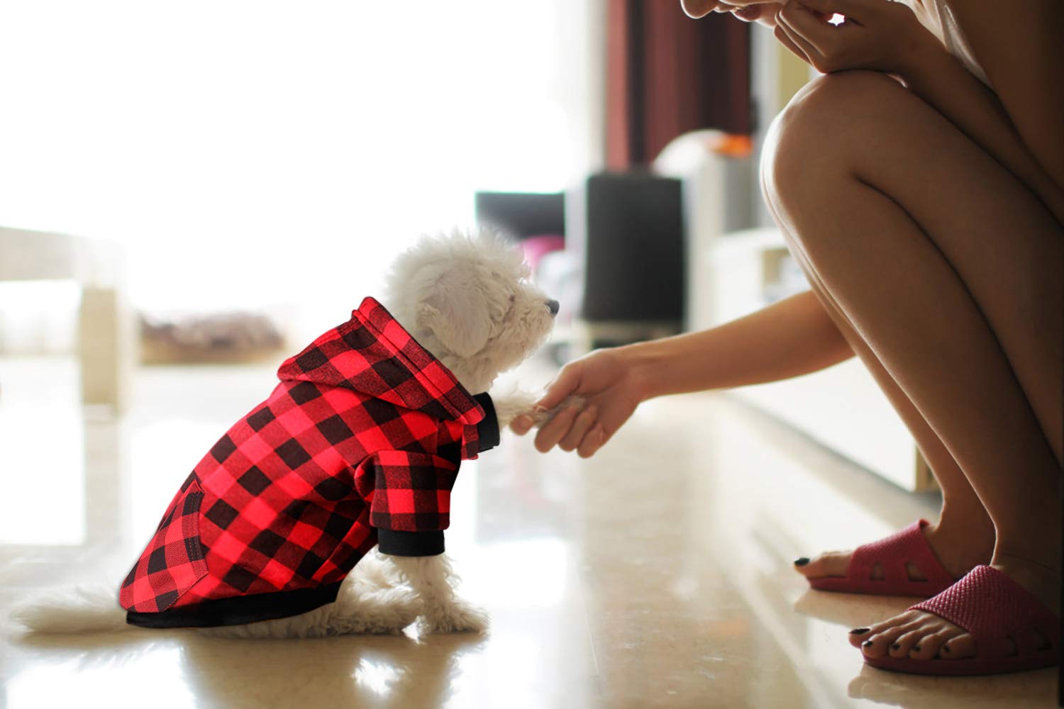 Mtliepte dog hoodie plaid fabric closeup reveals soft texture and durability