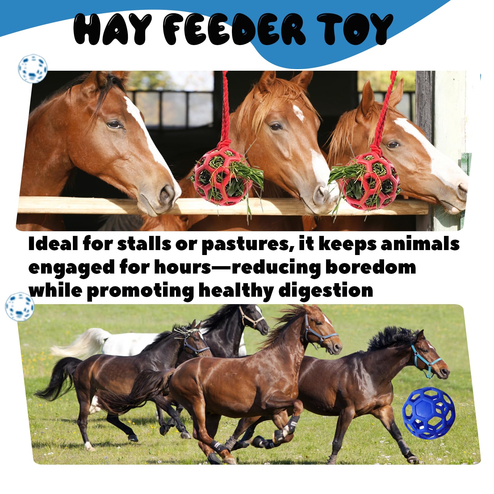 Mtuiewo hay ball hanging toy use supports natural foraging in stables