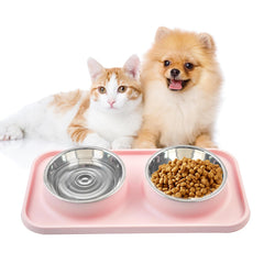 MUYG double dog bowls with mat pink side view spill-resistant setup