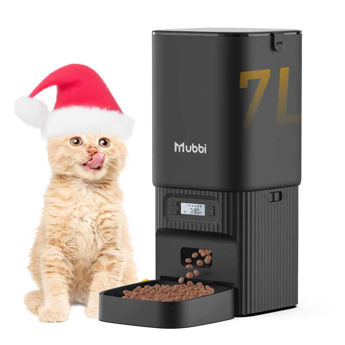 MUBBI Automatic Feeder front view with desiccant bag for extended freshness