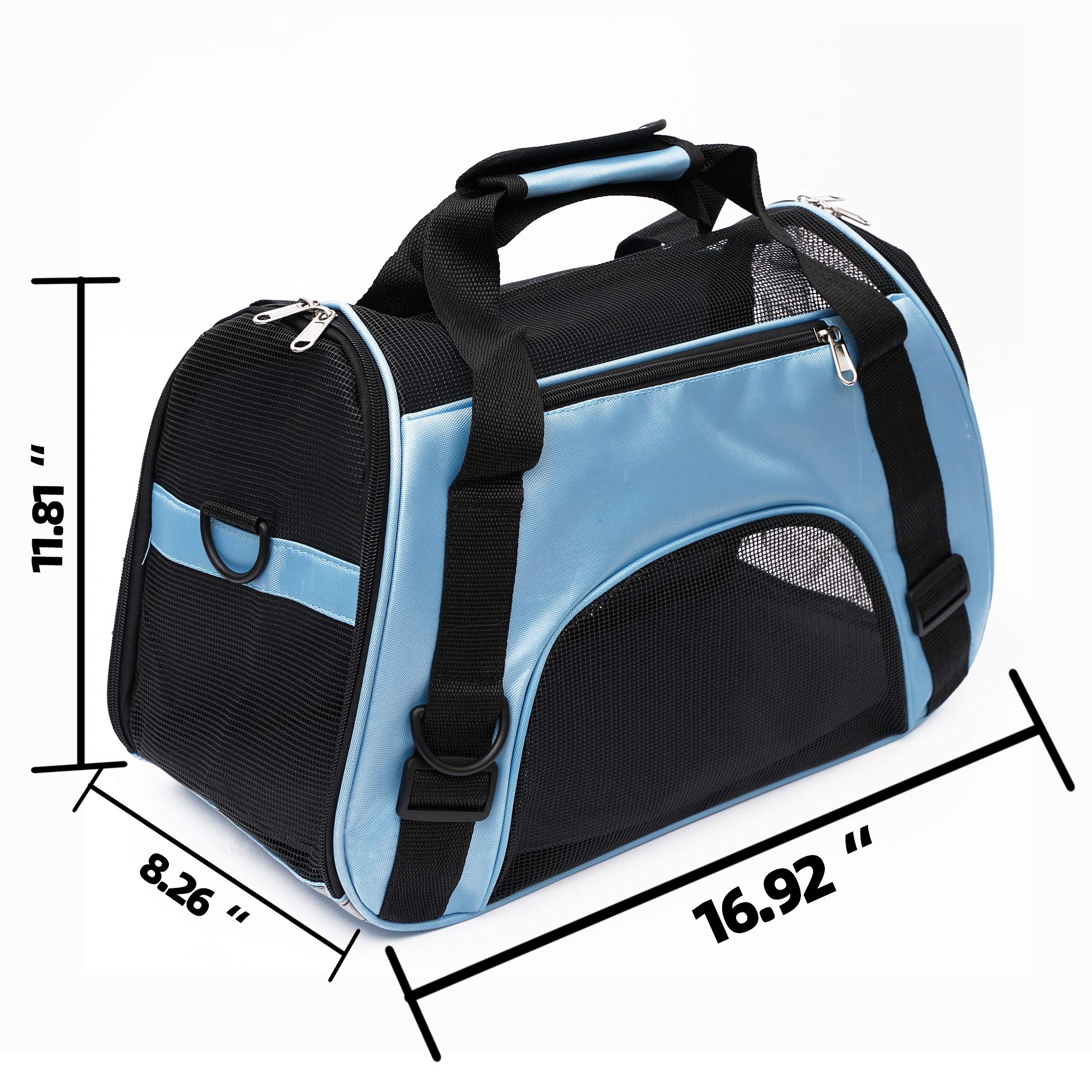 MuchL pet carrier blue note reminds to check airline requirements before travel.