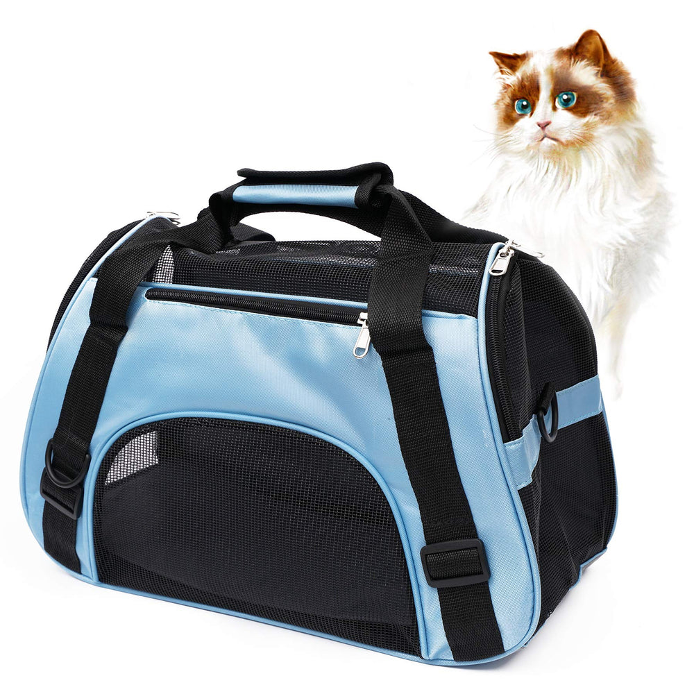 MuchL pet carrier soft-sided blue front-view demonstrates lightweight comfort for travel.