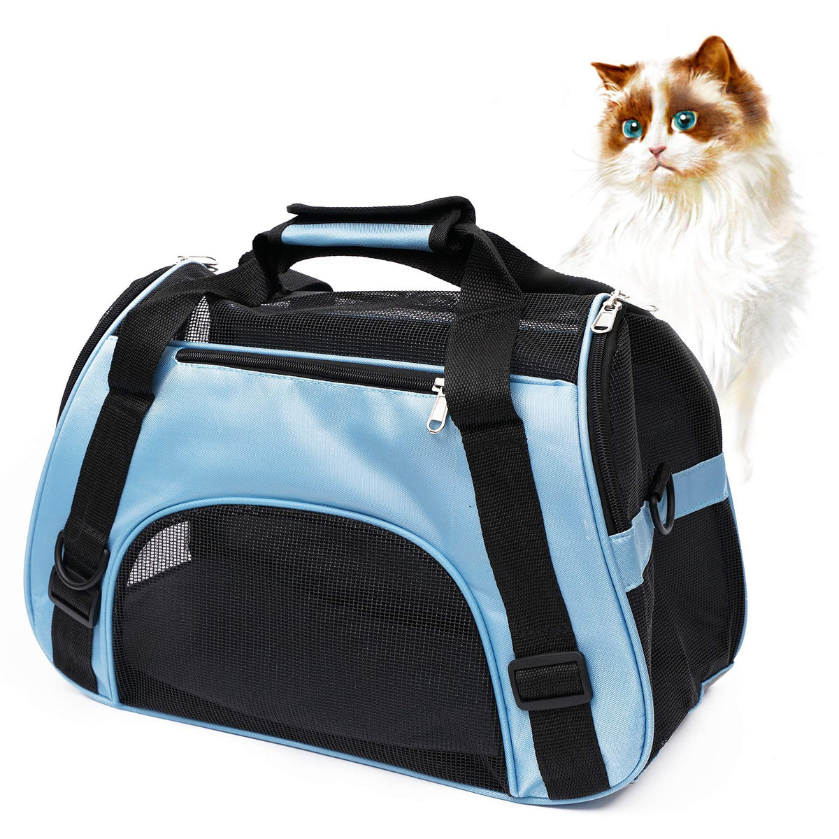 MuchL pet carrier soft-sided blue front-view demonstrates lightweight comfort for travel.