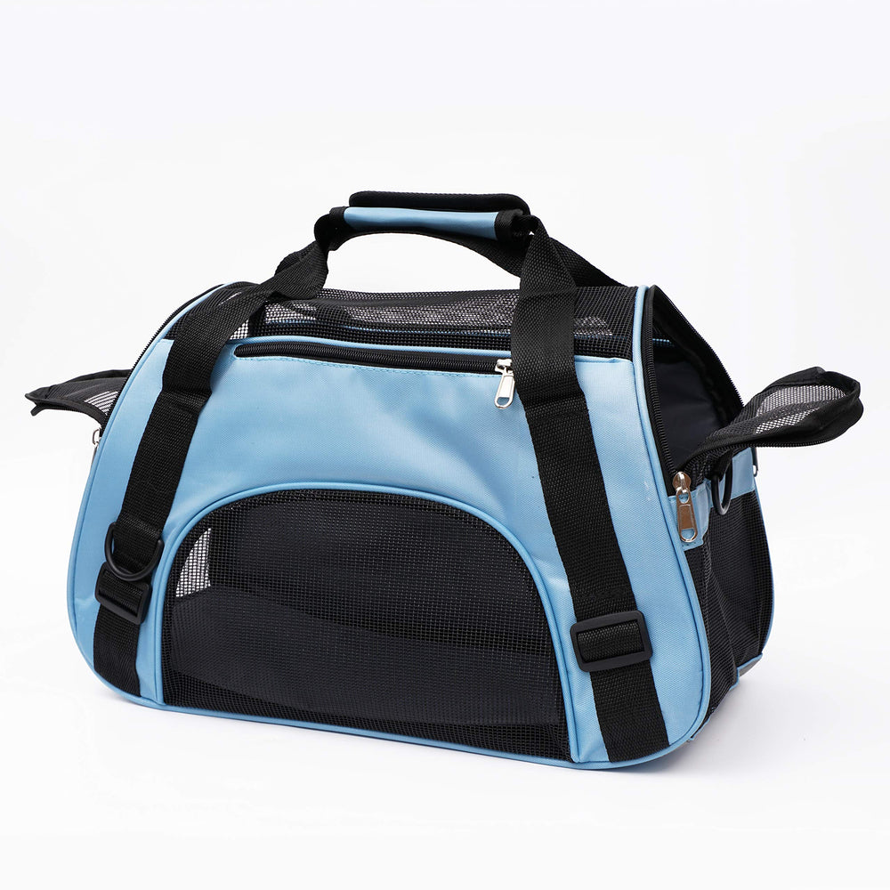 MuchL pet carrier blue bottom shows reflective strips for night visibility.