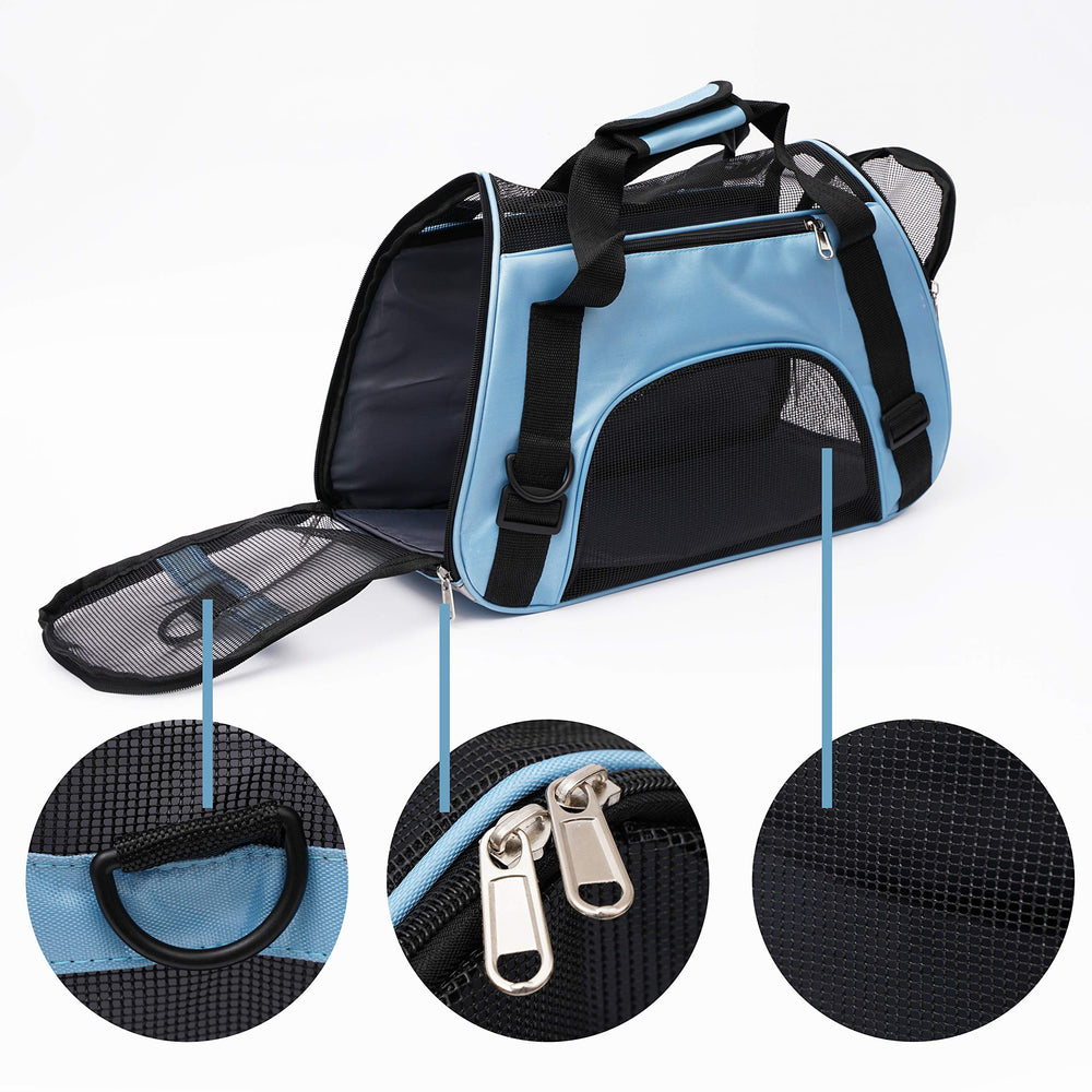 MuchL pet carrier blue with adjustable shoulder strap offers convenient transport.