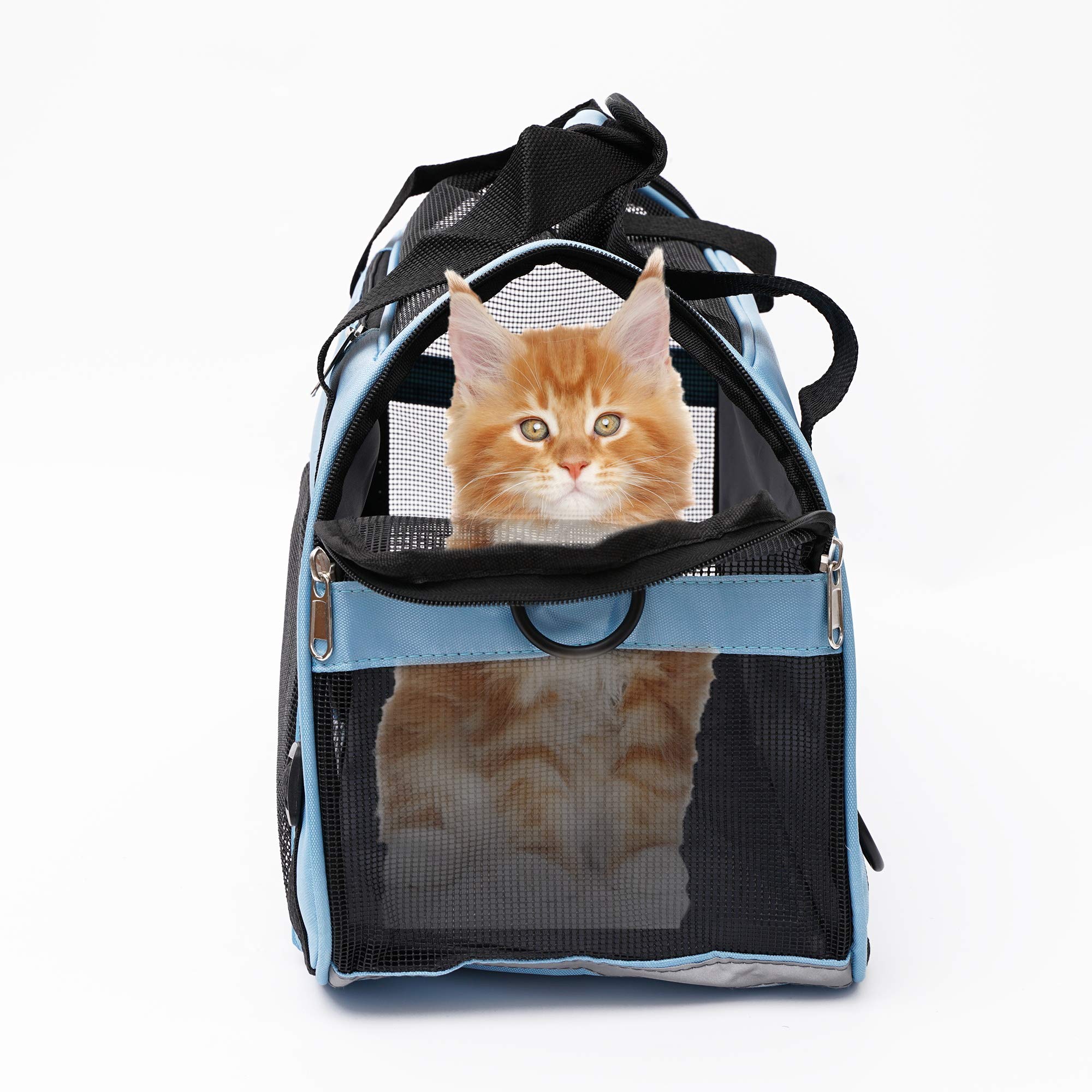 MuchL pet carrier soft-sided blue side-view showcases four-sided mesh for ventilation.