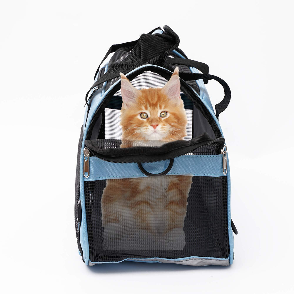 MuchL pet carrier soft-sided blue side-view showcases four-sided mesh for ventilation.