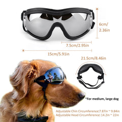 Muejjur dog sunglasses adjustable-strap close-up showing secure fit.