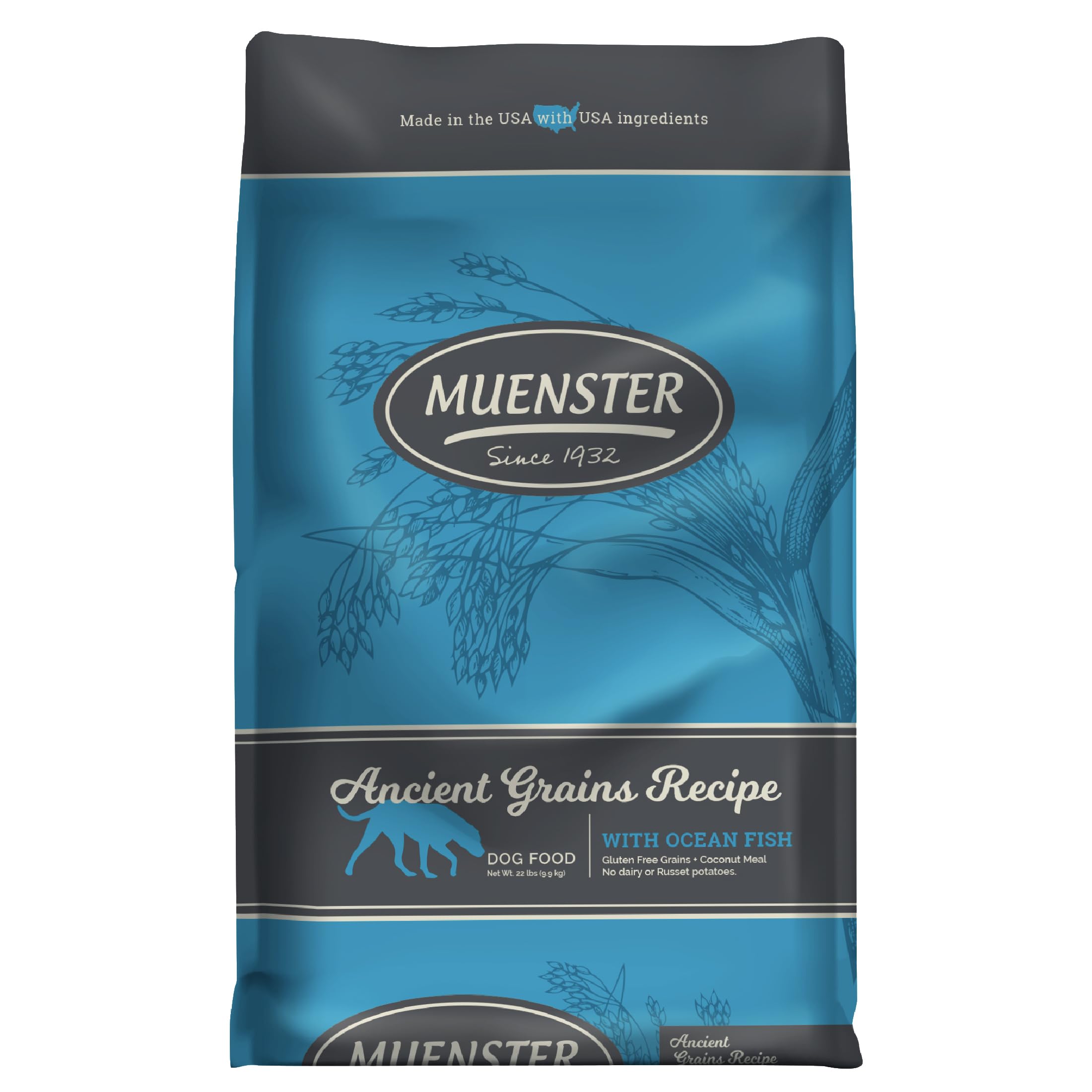 Muenster Ancient Grains Ocean Fish dry dog food bag showing gluten-free, high-protein nutrition for small dogs