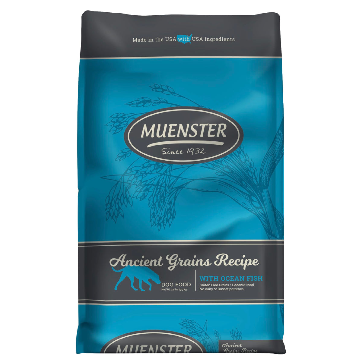 Muenster Ancient Grains Ocean Fish dry dog food bag showing gluten-free, high-protein nutrition for small dogs
