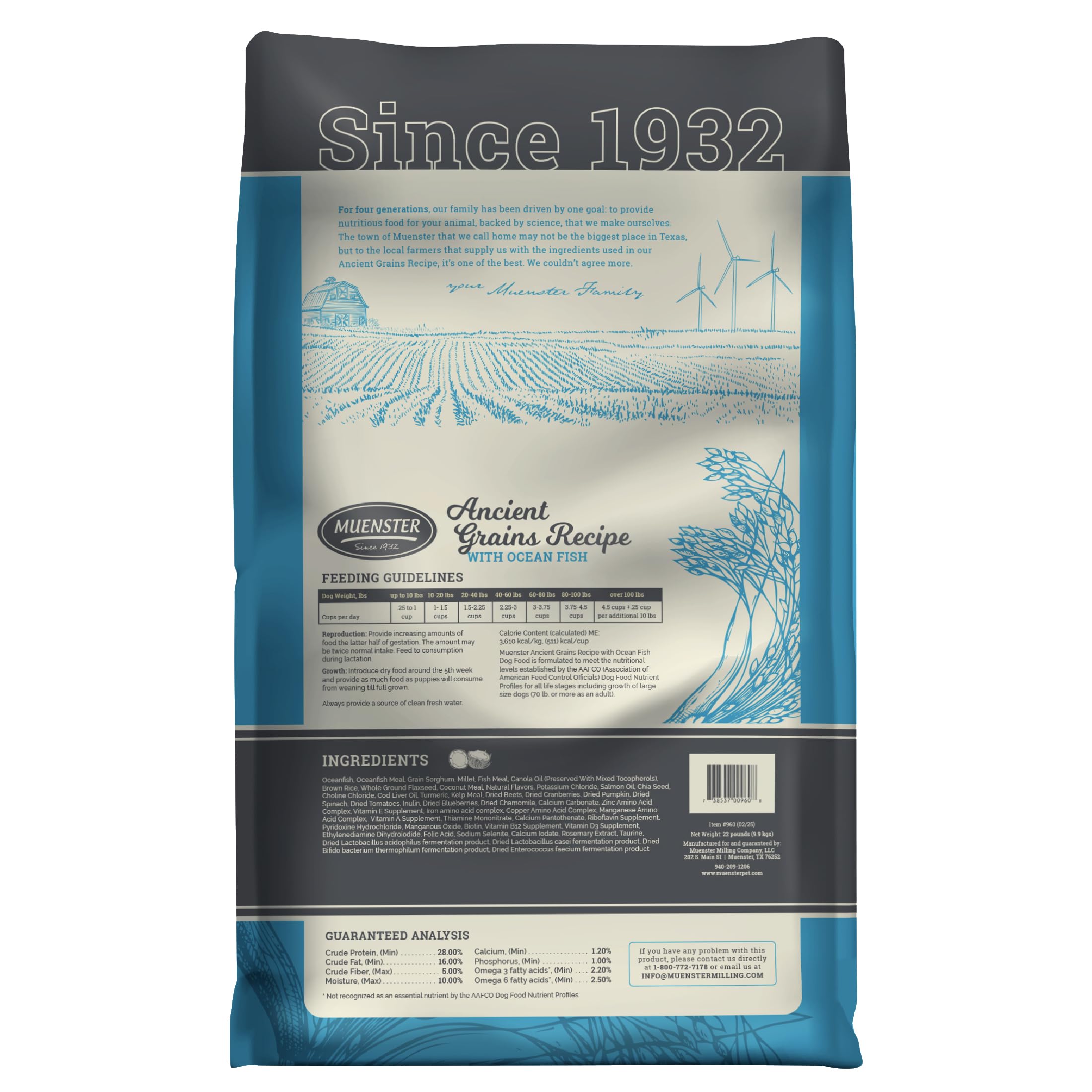 Muenster Ancient Grains Ocean Fish kibble close-up highlighting small-breed friendly size for easier digestion