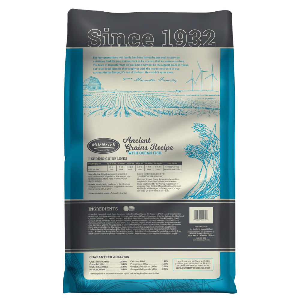 Muenster Ancient Grains Ocean Fish kibble close-up highlighting small-breed friendly size for easier digestion